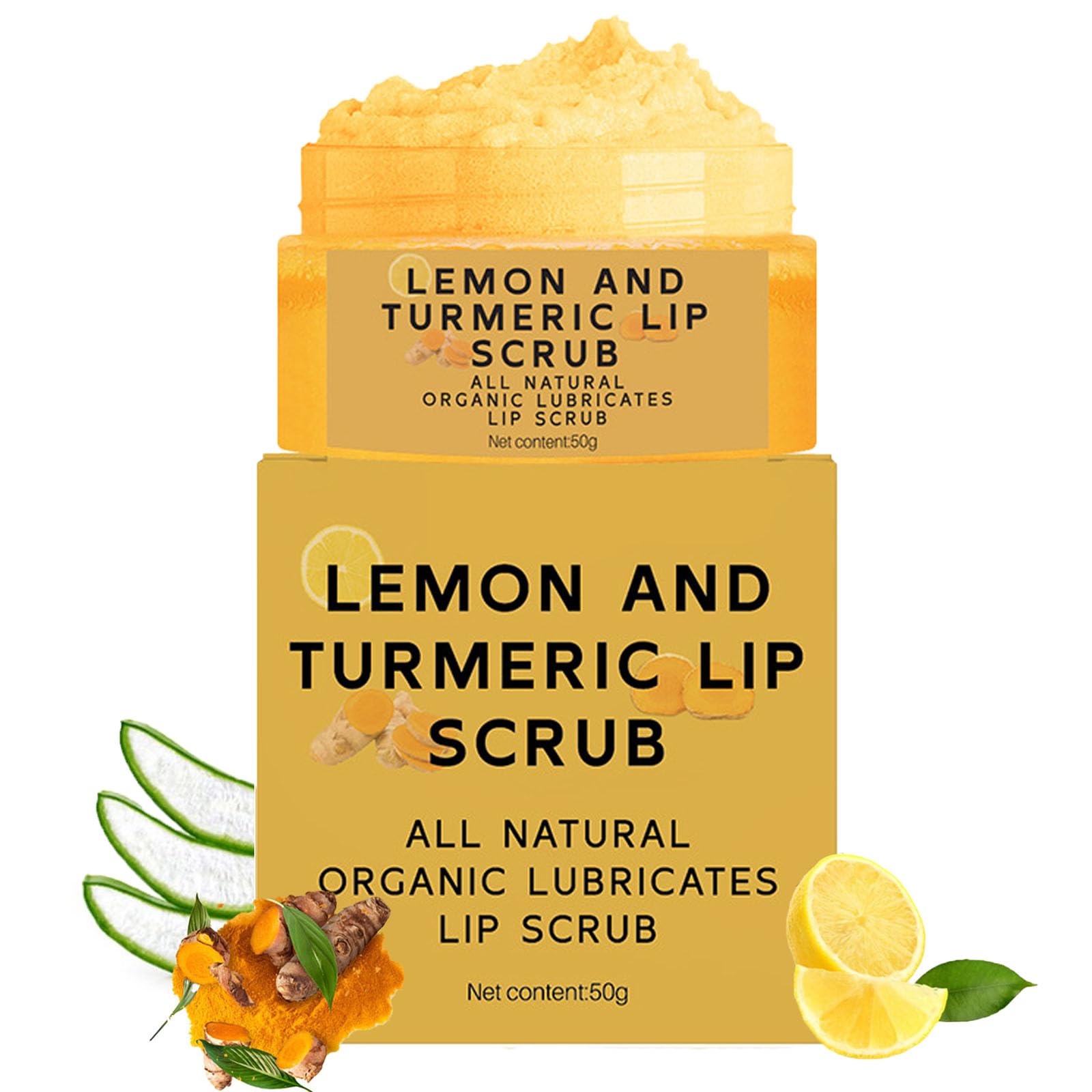 Natural Lip Scrub, Turmeric Lemon Lip Exfoliator Nourishing Sugar Lip Scrub with Aloe Vera Gentle Exfoliant for Dry and Chapped Lips Hydrates & Fade