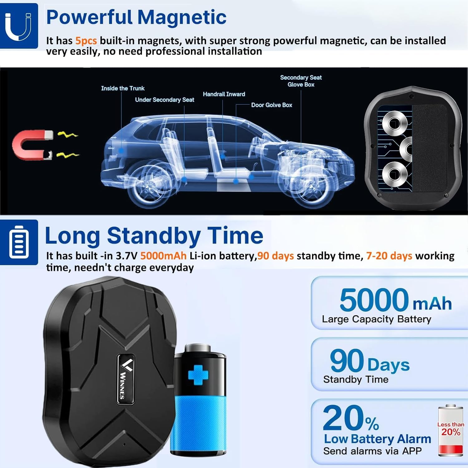 Localizzatore per Auto Tracker GPS senza Abbonamento con APP Gratuita, Monitoraggio in Tempo Reale, Antifurto Moto Camion con Potente Magnete, Traiettoria Storica 5000mAh