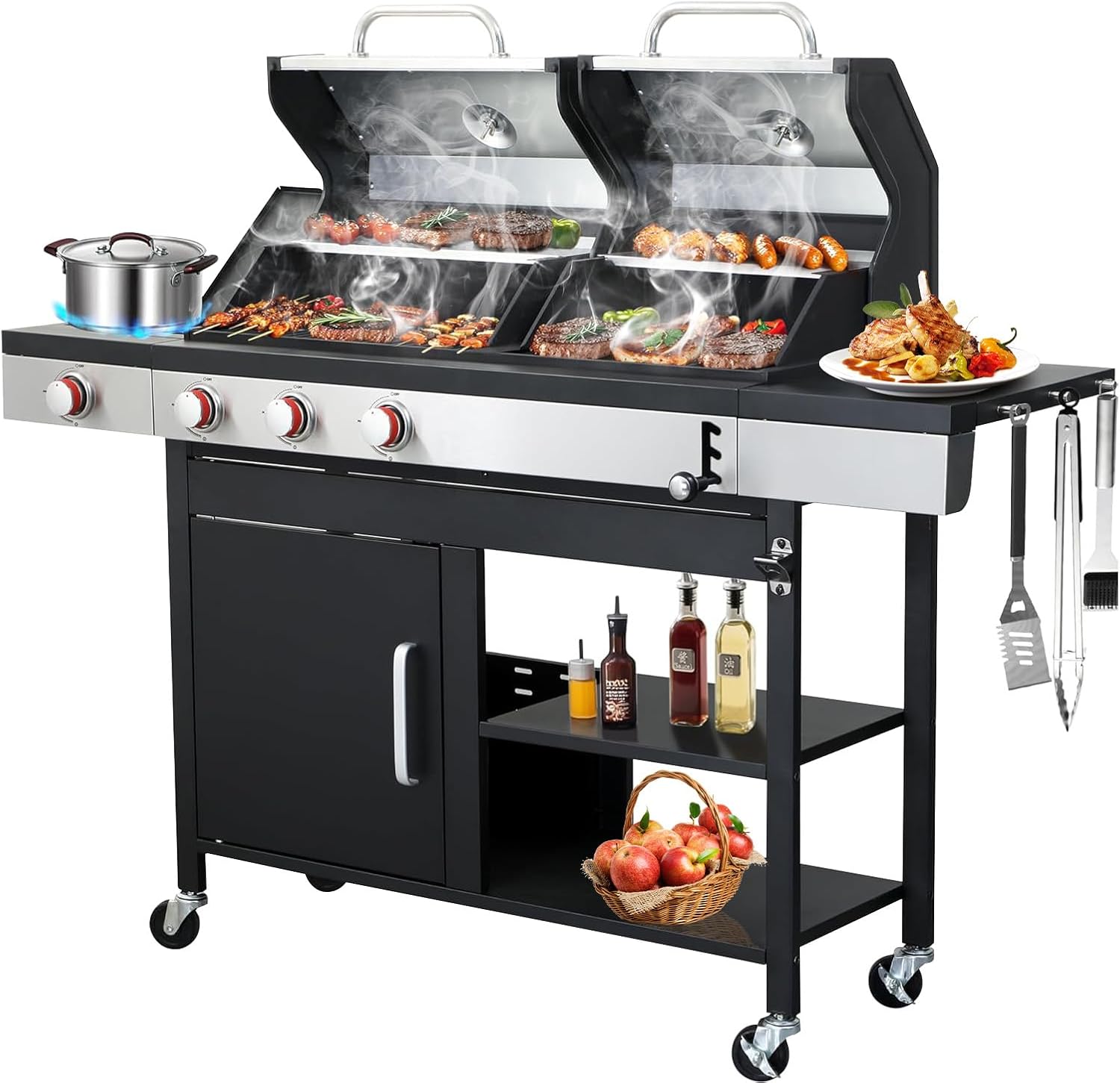 3-Burner Propane Gas BBQ Grill with Side Burner, 40,500 BTU Stainless Steel Gas Grill for Outdoor, Camping, Barbecue Grilling Backyard Cooking (3+1 bumer no cover)