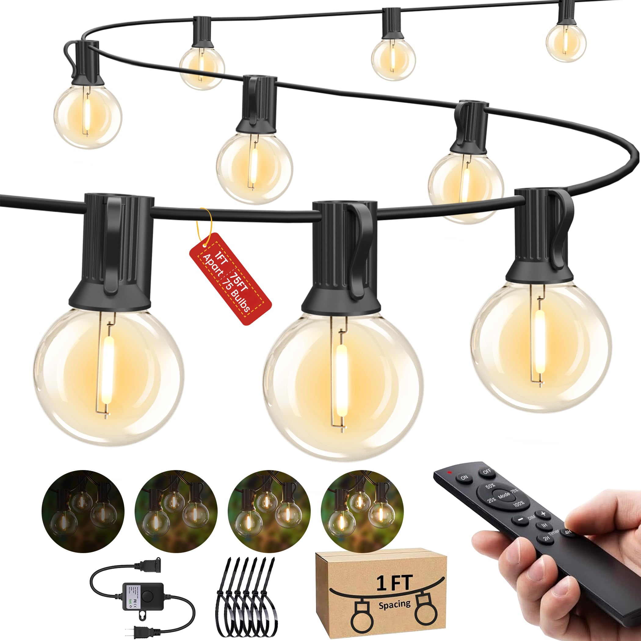 Tira de luces LED para exteriores de 200 pies, con 104 bombillas de plástico irrompibles, G40, regulables, conectables, para patio trasero, bistró, cafetería, exterior, 2 unidades