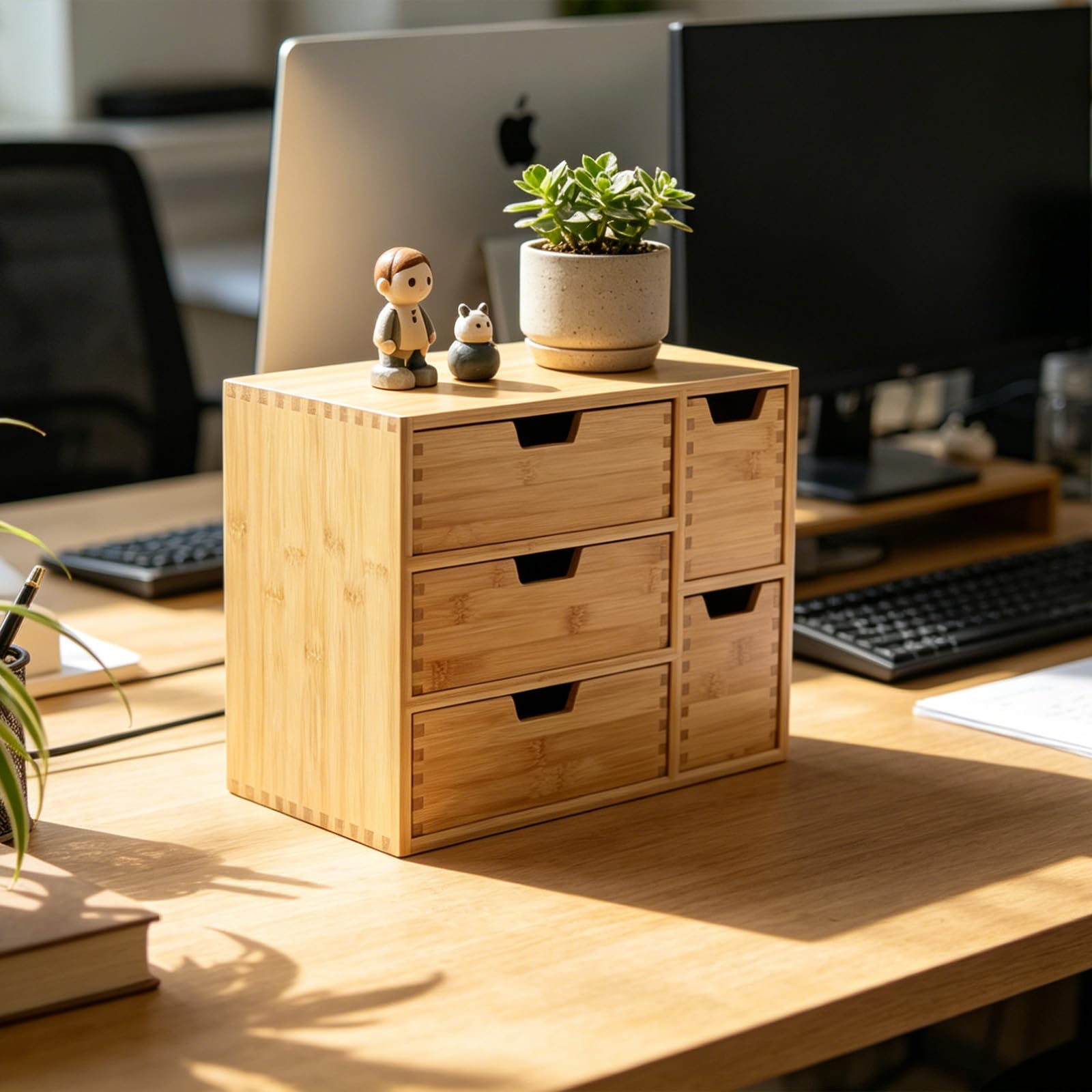 EFUTURETIME Schubladenbox Holz, 36 x 20 x 28,5 cm, Mini Kommode aus Bambus mit 5 Schubladen, Schreibtisch Organizer, Schubladenelement für Teebeuteln, Kaffeekapseln, Stiften, Kosmetika