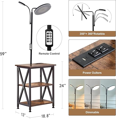 Miniatura 3 de LOKHOM Lámpara de pie LED con mesa, mesa auxiliar estrecha de 59 pulgadas con lámpara conectada con USB C+A y 2 tomacorrientes, lámpara de mesita de