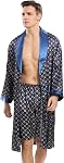 Haseil Men's Luxurious Kimono Robe with Shorts Summer Printed Silk Satin Bathrobes