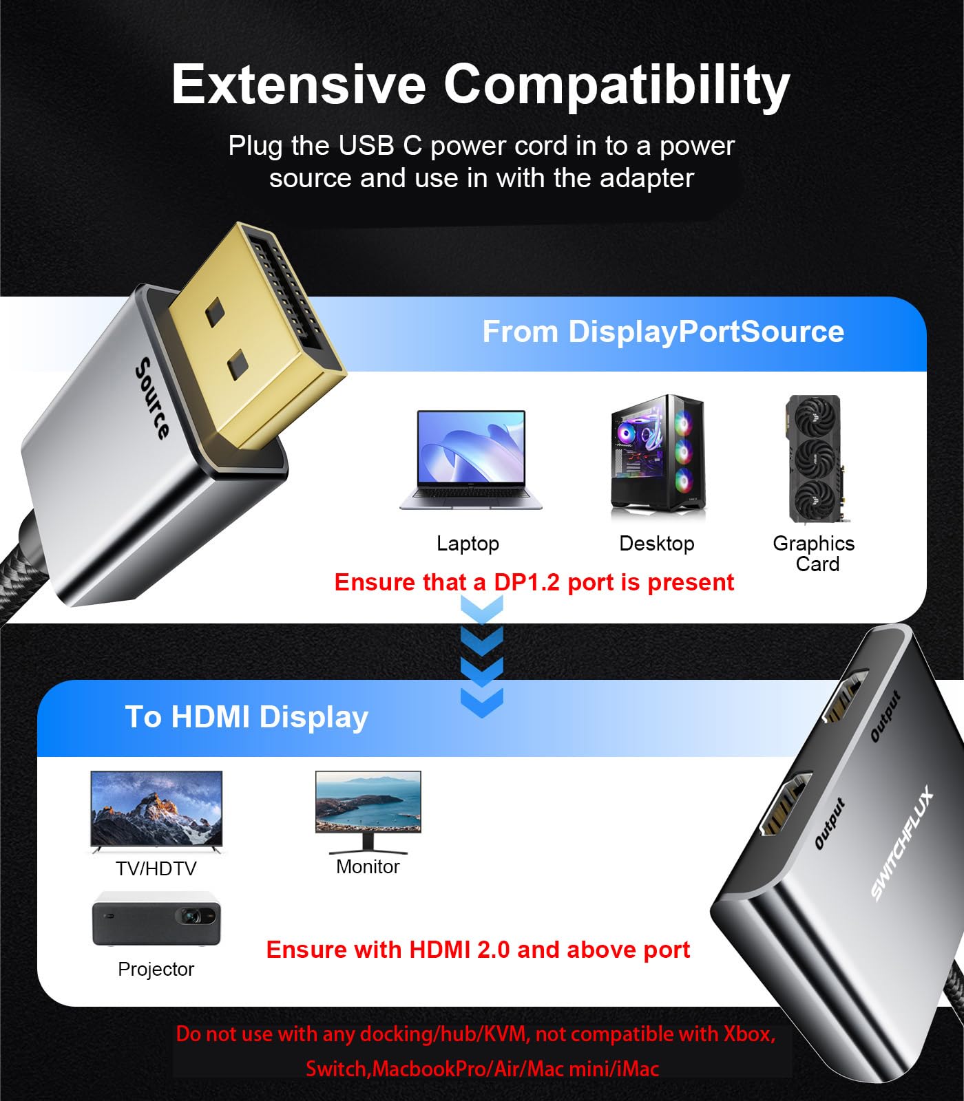 Adaptateur DisplayPort vers double HDMI [4K @ 60 Hz] répartiteur DP vers HDMI 1 entrée 2 sorties écran étendu, convertisseur de source DP mâle pour deux moniteurs compatible avec PC, carte