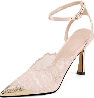 Women’s Lace Mesh Slingback Pumps - 3 Inch Kitten Heel Pointed Toe Heels, Wedding Party Dress Shoes, White/Black/Nude/Pink