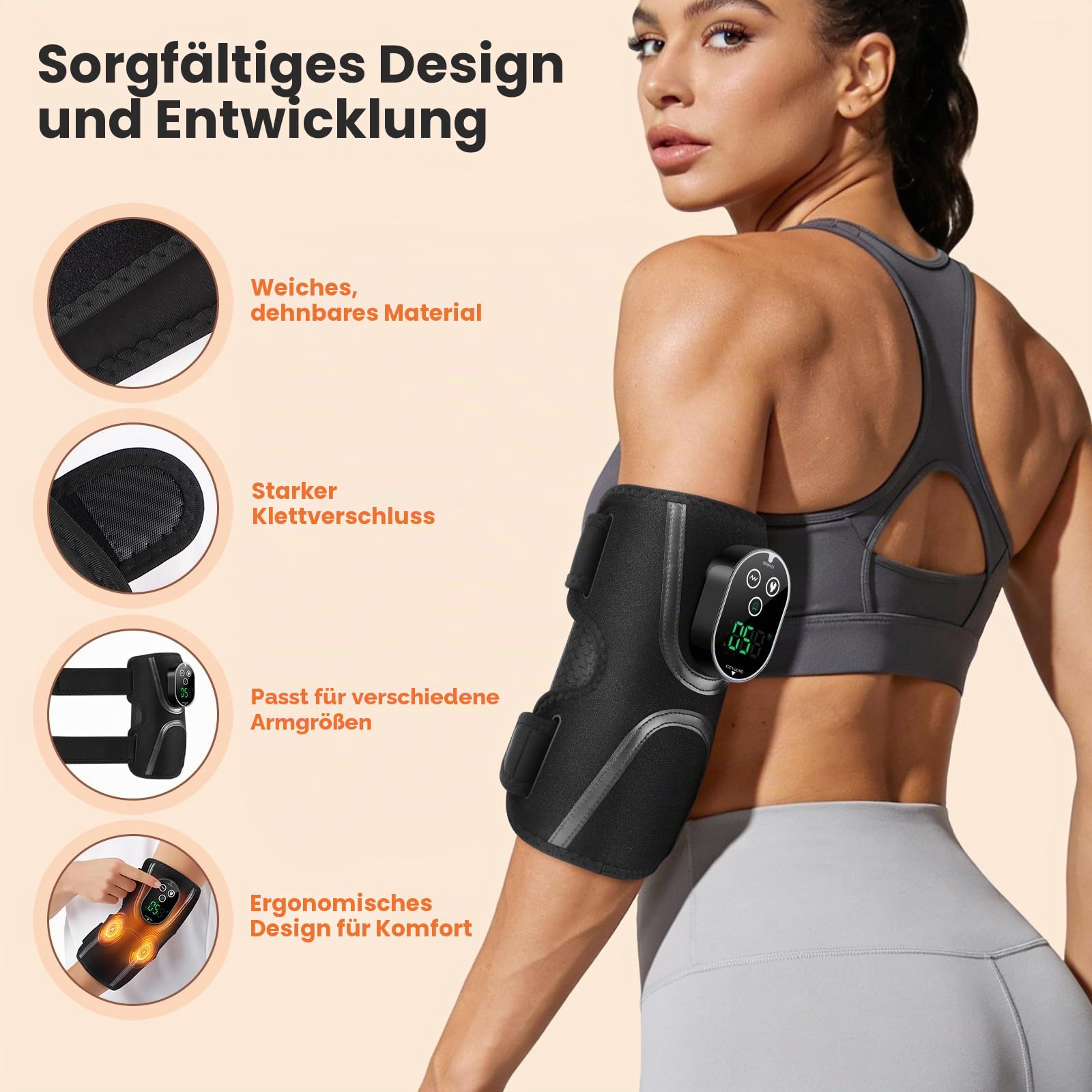Kabelloses Ellenbogen-Heizkissen Mit Vibrationsmassage, Beheizte Ellenbogenbandage Mit Touchscreen-Steuerung, 5 Wärmestufen, 3 Vibrationsmodi, 3 Timer-Einstellungen, Integrierter 3000mAh-Akku