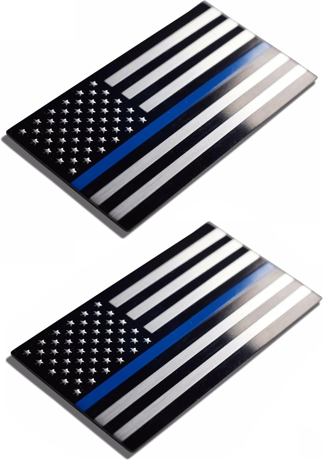 Muzzys-Set of Two-Aluminum Thin Blue LINE American Flag Decal Emblem Sticker Badge 3.2"x1.75" United States Back The Blue Universal StickOn Car Truck Bumper Window Glass USA