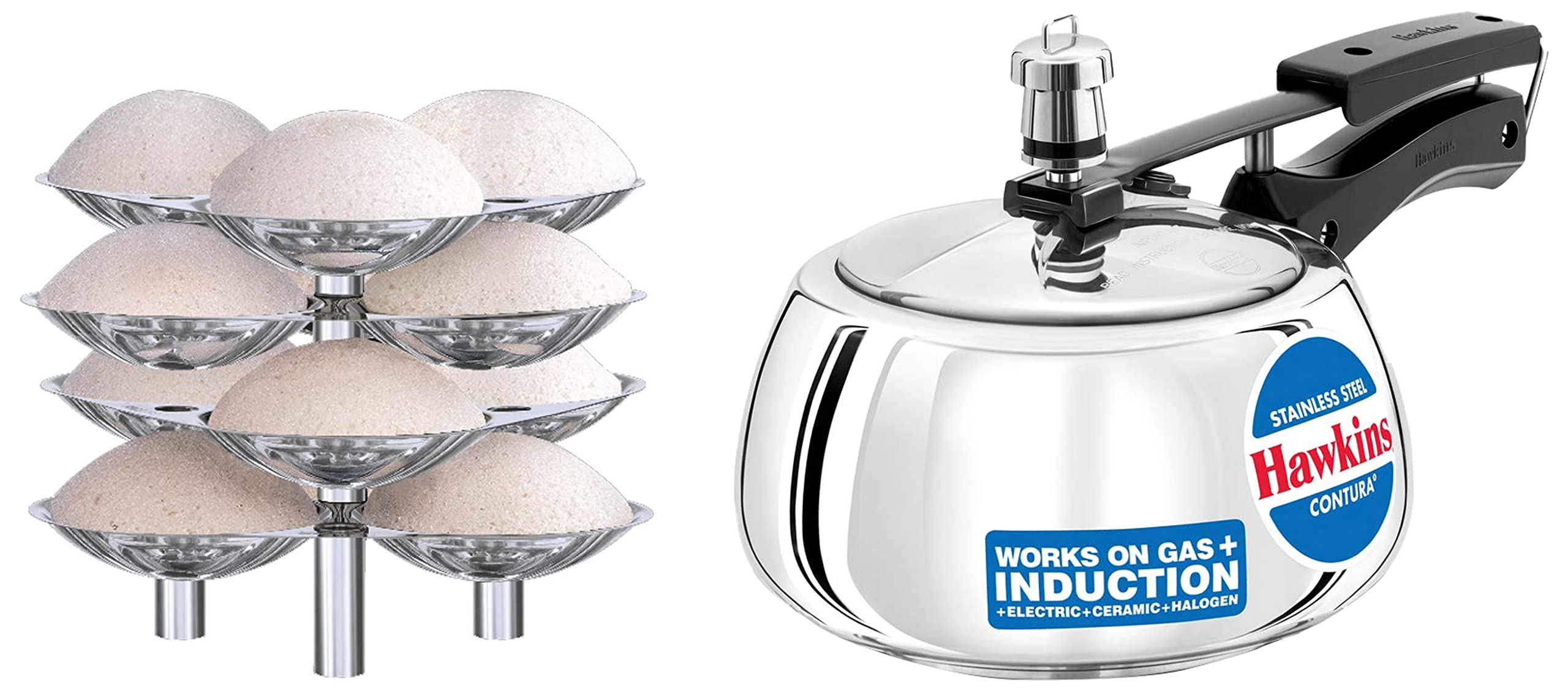 Hawkins Stainless Steel Contura Induction Compatible Pressure Cooker,3 Litre,Silver(Ssc30)&Stainless Steel Idli Stand - 12 Idlis,(For 5 Litre&Bigger Pressure Cooker),Silver(Ssid5),3 Liter