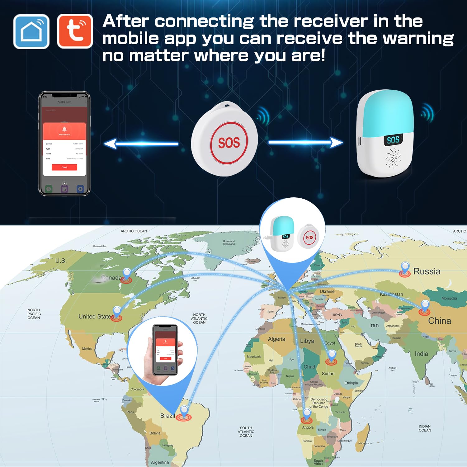 Shinmax Alarme Personnes âgées WiFi Smart SOS Alarme de Bouton d'appel sans Fil Téléavertisseur pour Personnes âgées Malades Handicapées Enfants Maison Alerte (1 Récepteur + 2 Émetteurs SOS)