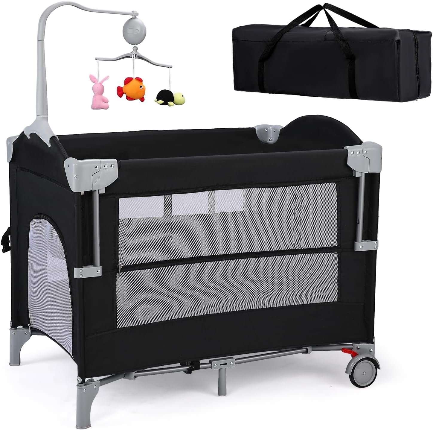 JOYMOR 4 in 1 Pack and Play, Baby Bedside Bassinet, Sturdy Play Yard with Padded Mat and Toy bar with Soft Toys Black