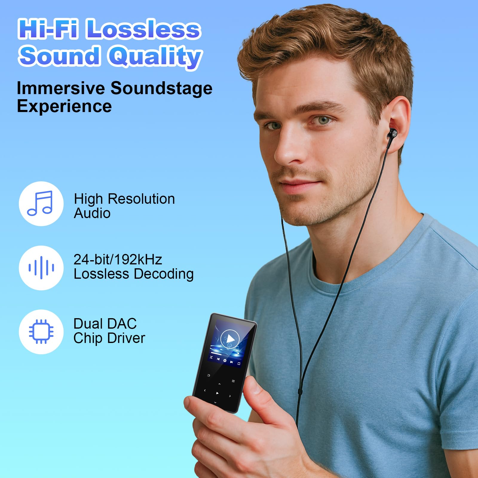 MP3 Player 64GB mit Bluetooth, Mini Digitaler Musik Player mit Lautsprecher, FM Radio, HiFi Audio, MP3 & MP4 Player, Kopfhörer inklusive
