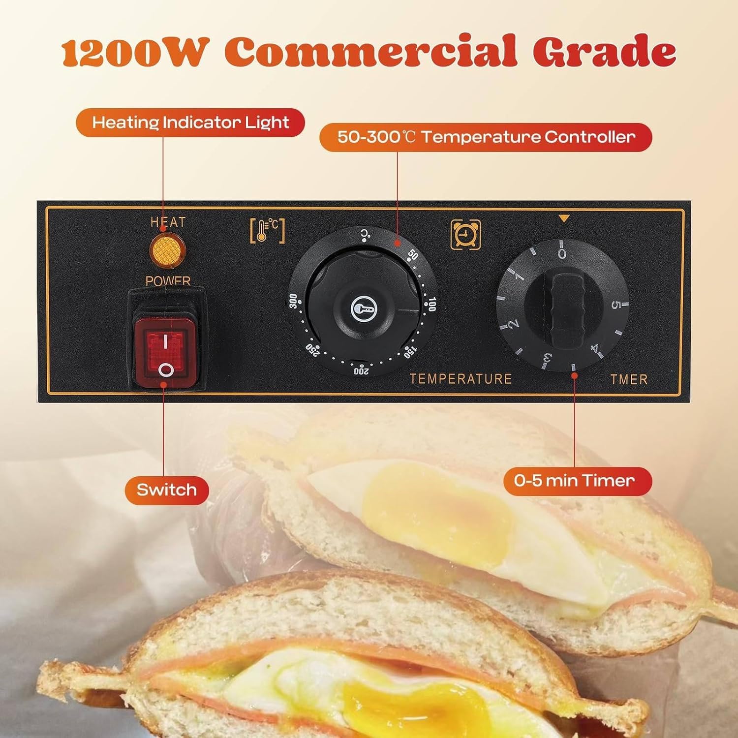 Piastra per Panini E per Hamburger Brioche da 1200 W per Uso Commerciale, Scalda Panini Elettrico per Ciambelle, Krapfen E Brioche.