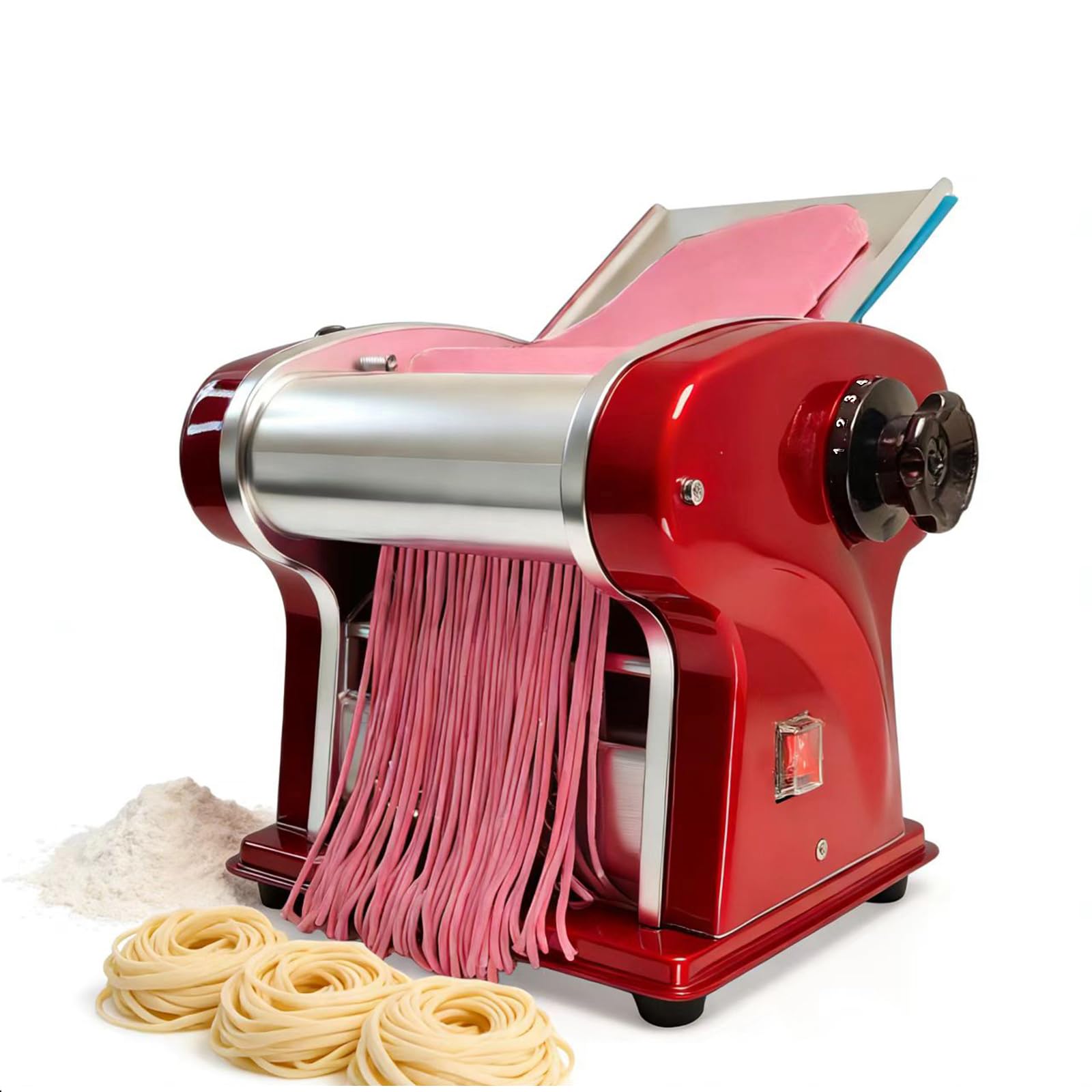 Machine à Pâtes Électrique LEONEBEBE avec Lame de 2,5 mm, 135W, 5Kg/H, 6 Réglages d'Épaisseur, 2-en-1 (Pétrissage & Découpe), pour Usage Domestique et Commercial (Rouge)