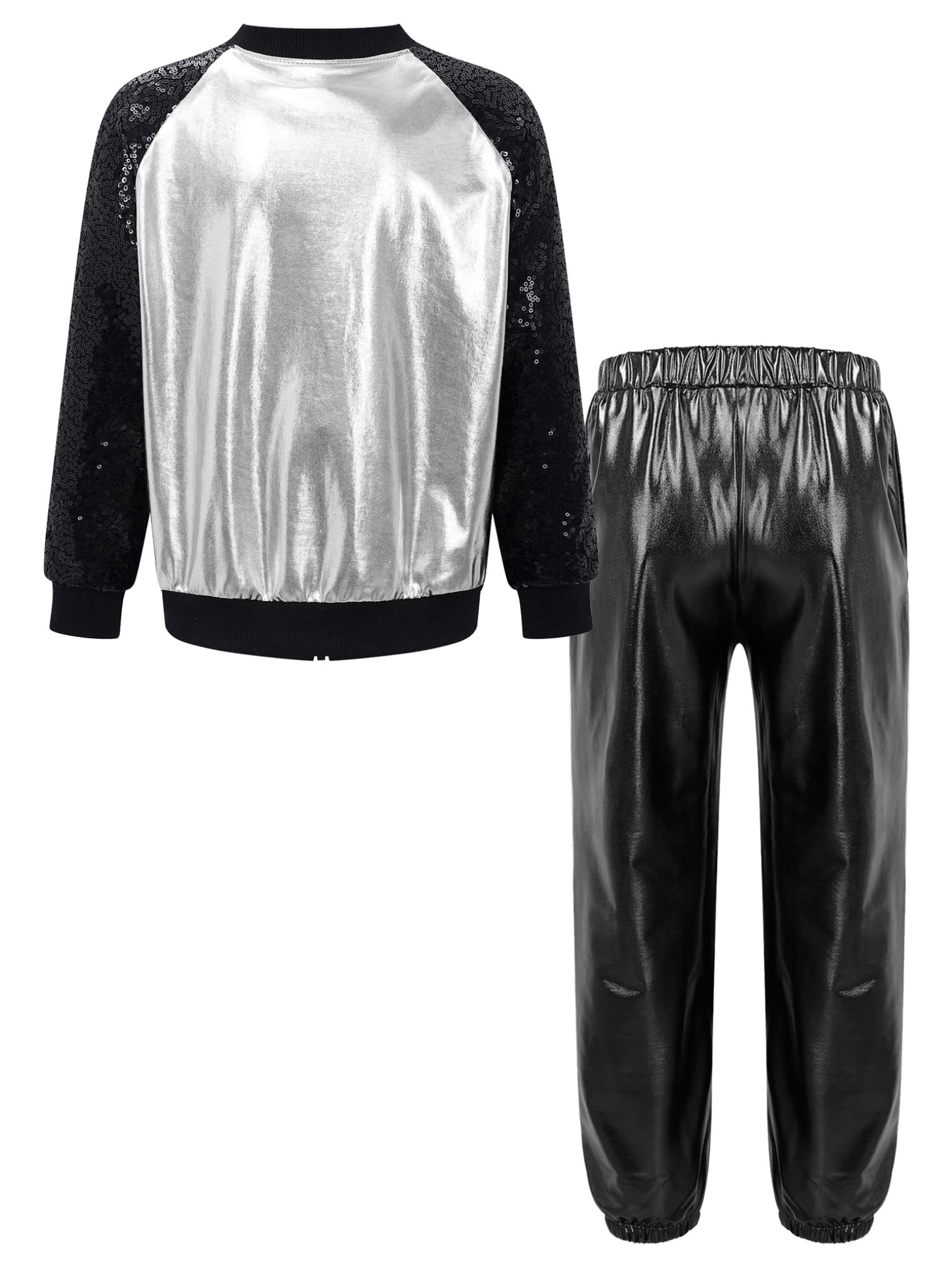 YEAHDOR Girls Boy's Hip-hop Jazz Performance Costume Shiny Metallic Bomber Jacket and Pants Set Street Dance Outfits Silver&Black 10 Years