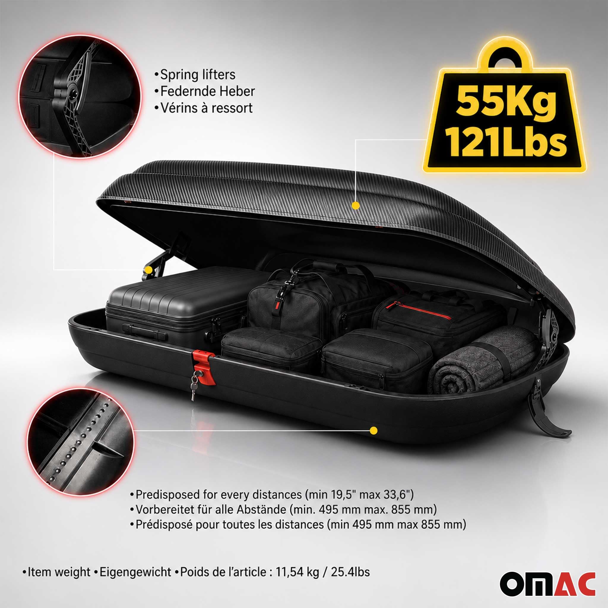 OMAC Dachbox Auto 320 Liter, ABE Dachboxen, Dachgepäckträger Autos Carbonlook, Abschließbar Dachträger Universal, Dachkoffer