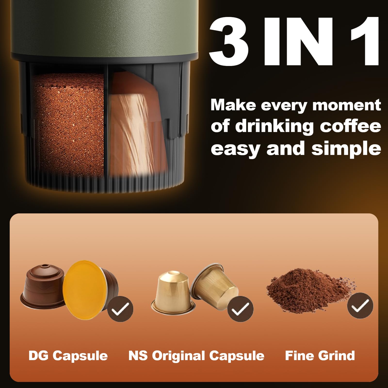 Macchina per caffè espresso portatile, set 3 in 1 con borsa per il trasporto e supporto per caffè, macchina da caffè funziona con caffè macinato e cialde a capsule, birra autoriscaldante con USB-C per