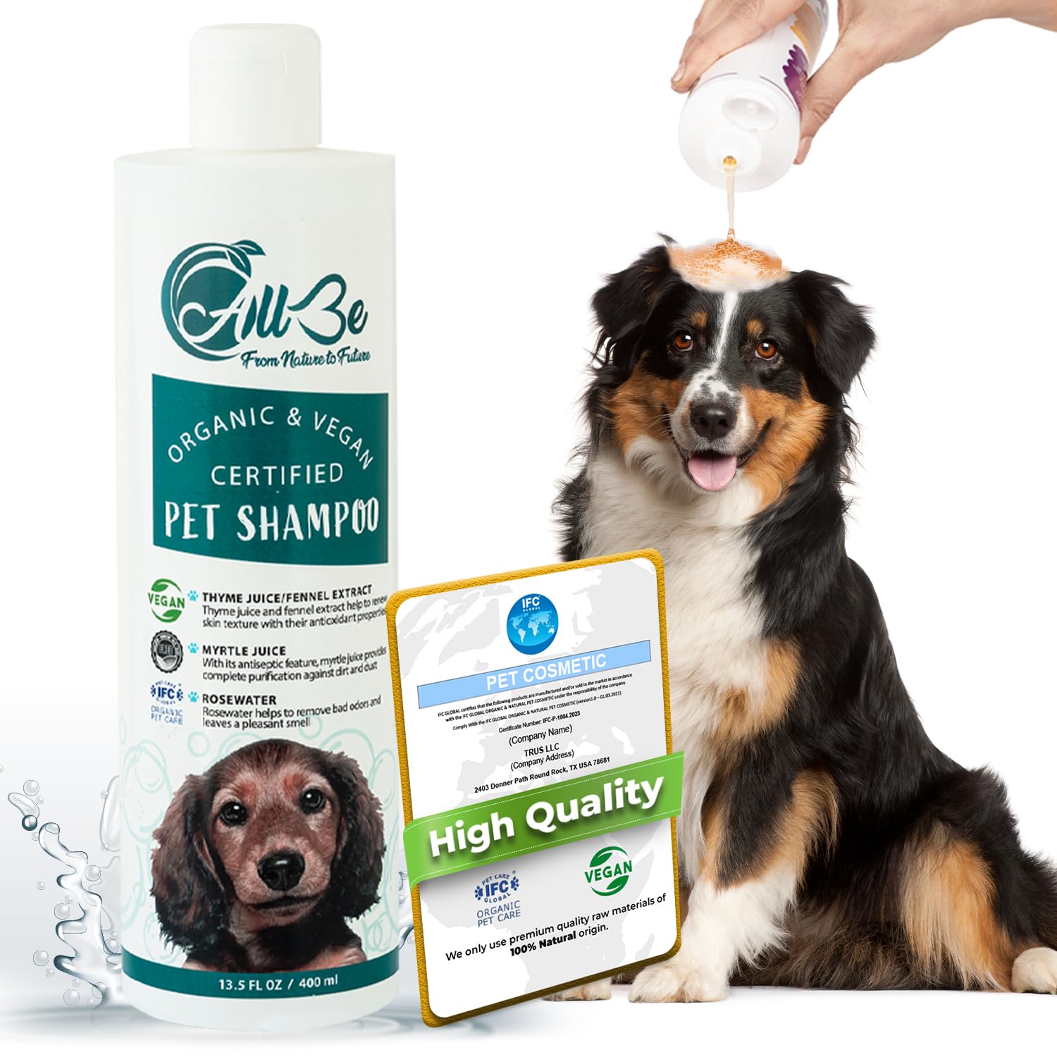 Hundeshampoo 3x400 ml – Bio 4-in-1 Shampoo für Hunde & Katzen – vegan & natürlich – gegen Juckreiz, Trockenheit & Geruch – Rosenwasser, Thymian, Fenchel – beruhigende Pflege
