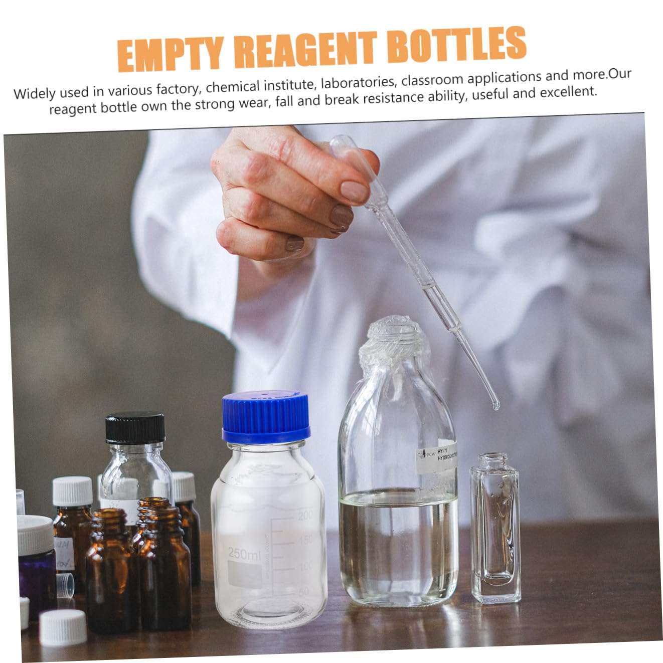 Mikikit 4 Pezzi Bottiglie in Vetro da 250ml con Tappo a Vite Blu, Bottiglia di Reagente Graduata Multiuso per Laboratorio e Industria Chimica