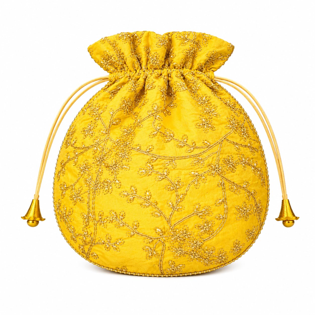 Handmade Yellow Embroidered Cotton Potli Bag for Women | Zari Work Beaded Shagun Clutch, Festive Wedding Gift | Diwali Karva Chauth Return Gift-image-44