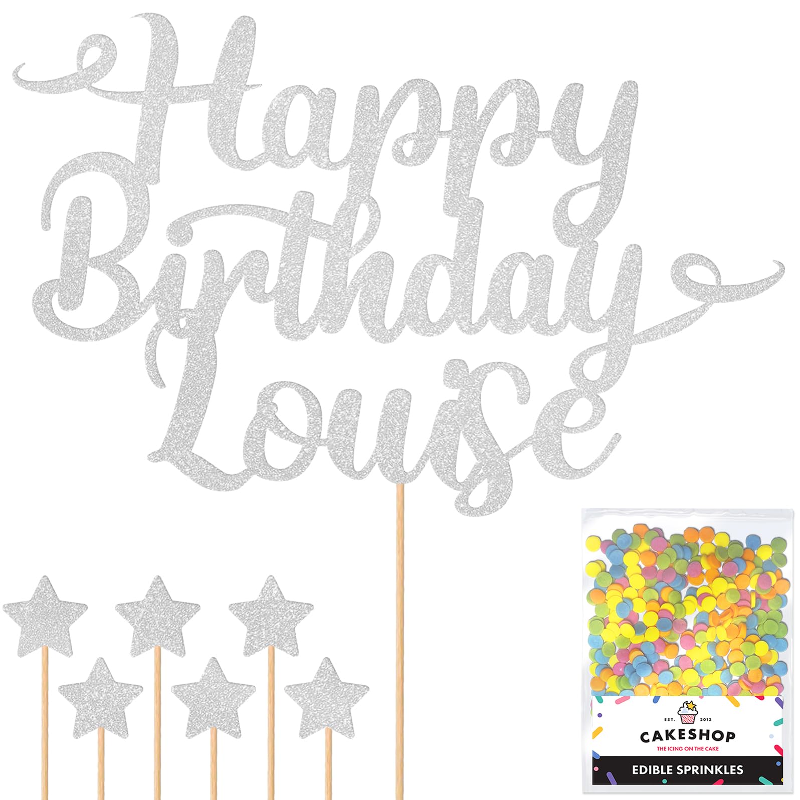 Personalised Happy Birthday Glitter Cake Topper - Light Silver Any Name Glitter Cake Decoration and Sprinkles - Happy Birthday Decorations - Personalised Toppers for Cakes by Cakeshop