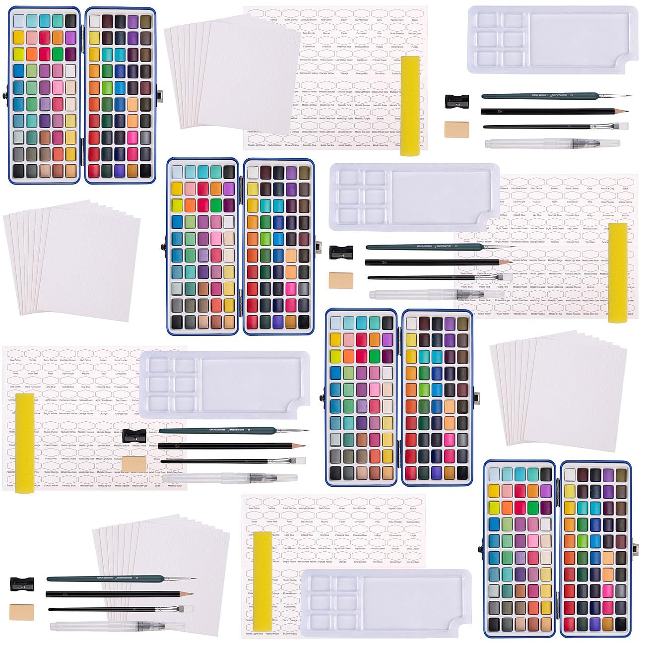 Künstler-Aquarellfarben: 4 Aquarellfarben-Sets mit je 100 Farben, Metallbox, 3 Pinsel, Papier (Farbenkästen, Malfarbe)
