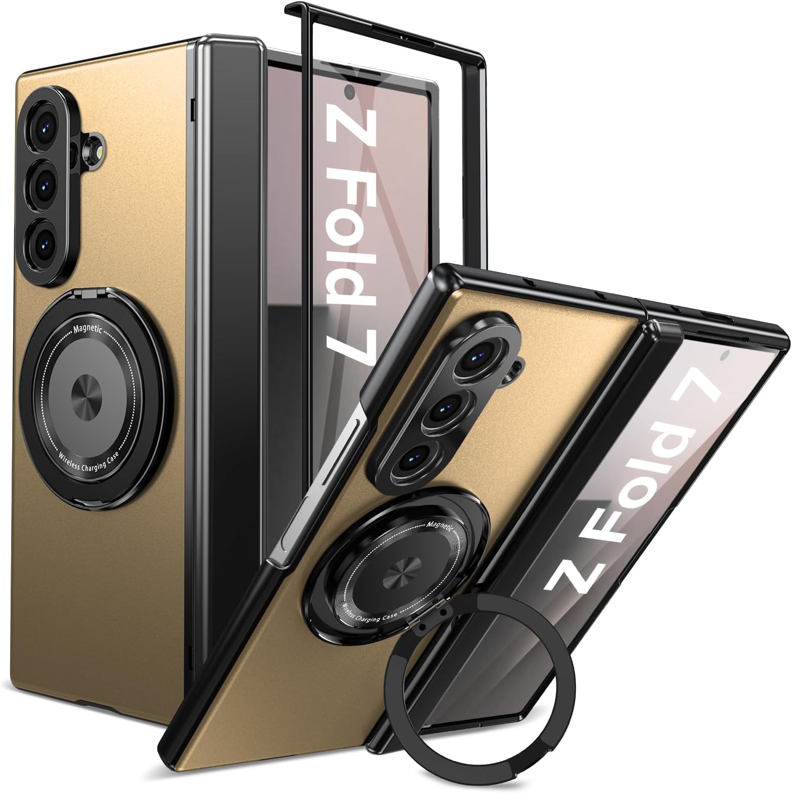 Fiyer for Samsung Galaxy Z Fold 7 Case with Screen Protector, Hinge Protection Phone Case for Z Fold 7, with Mag-Safe, 360° Rotating Ring Holder, Hard PC Shockproof Full Body Protective Cover (Gold)