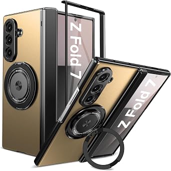 for Samsung Galaxy Z Fold 7 Case with Screen Protector, Hinge Protection Phone Case for Z Fold 7, with Mag-Safe, 360 Rotating Ring Holder, Hard PC Shockproof Full Body Protective Cover Gold