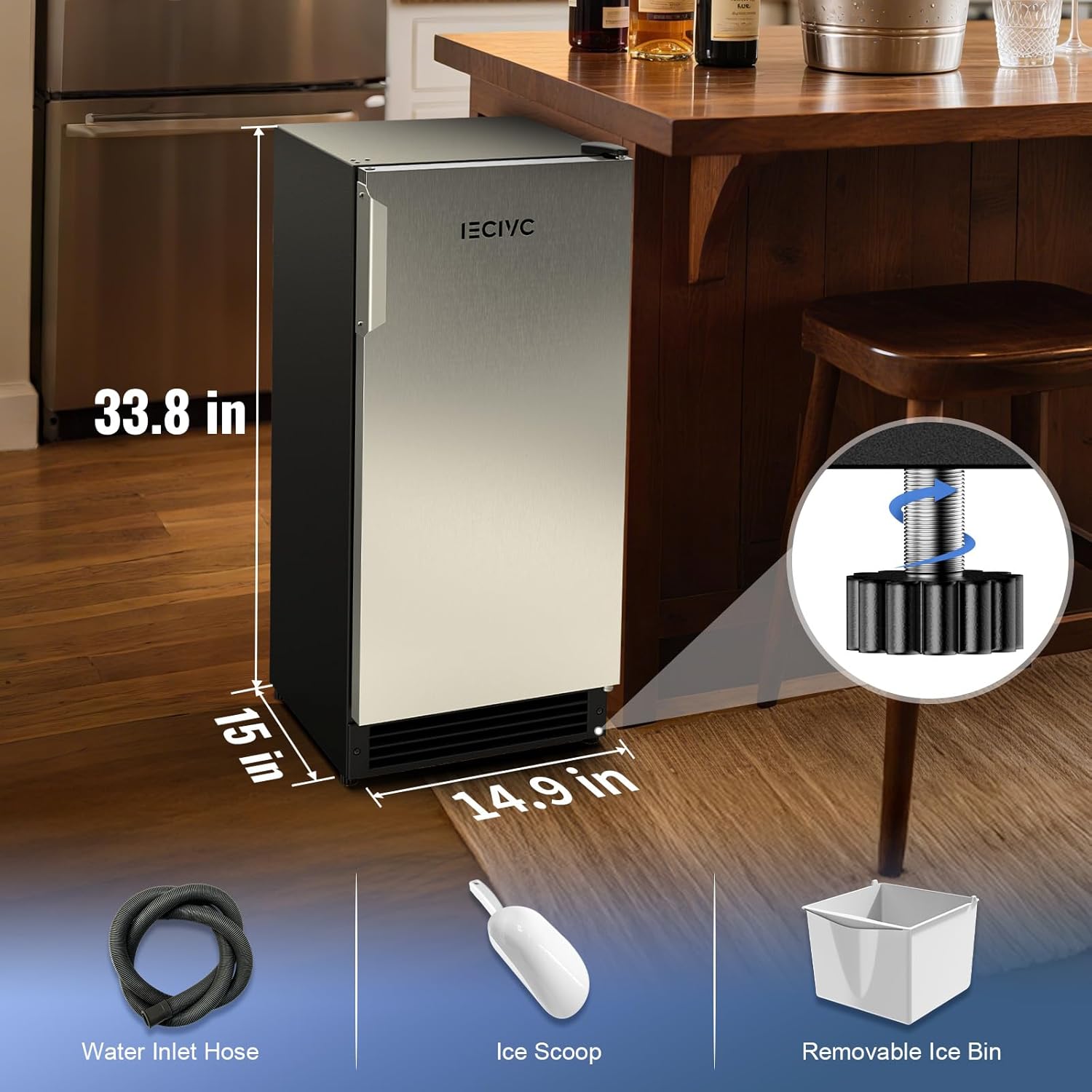 Under Counter Crescent Ice Maker Machine, 15'' W Drainless Built-in Ice Maker, 25 LBS/Day with 22 LBS Storage Bin, Perfect for Commercial Home Bar, No Drain