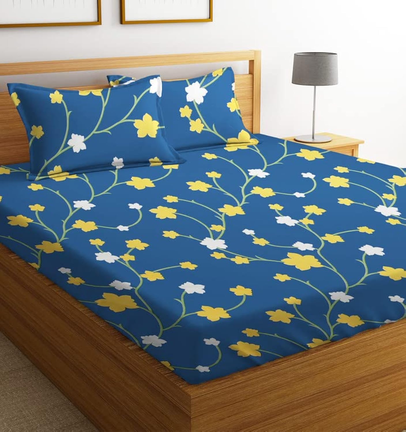 BSB HOMEPrime Collections 160tc Pure Microfiber Glace Cotton Breathable Supersoft Wrinkelfree Double Bedsheet with 2 King Size Pillow Covers-Yellow and White