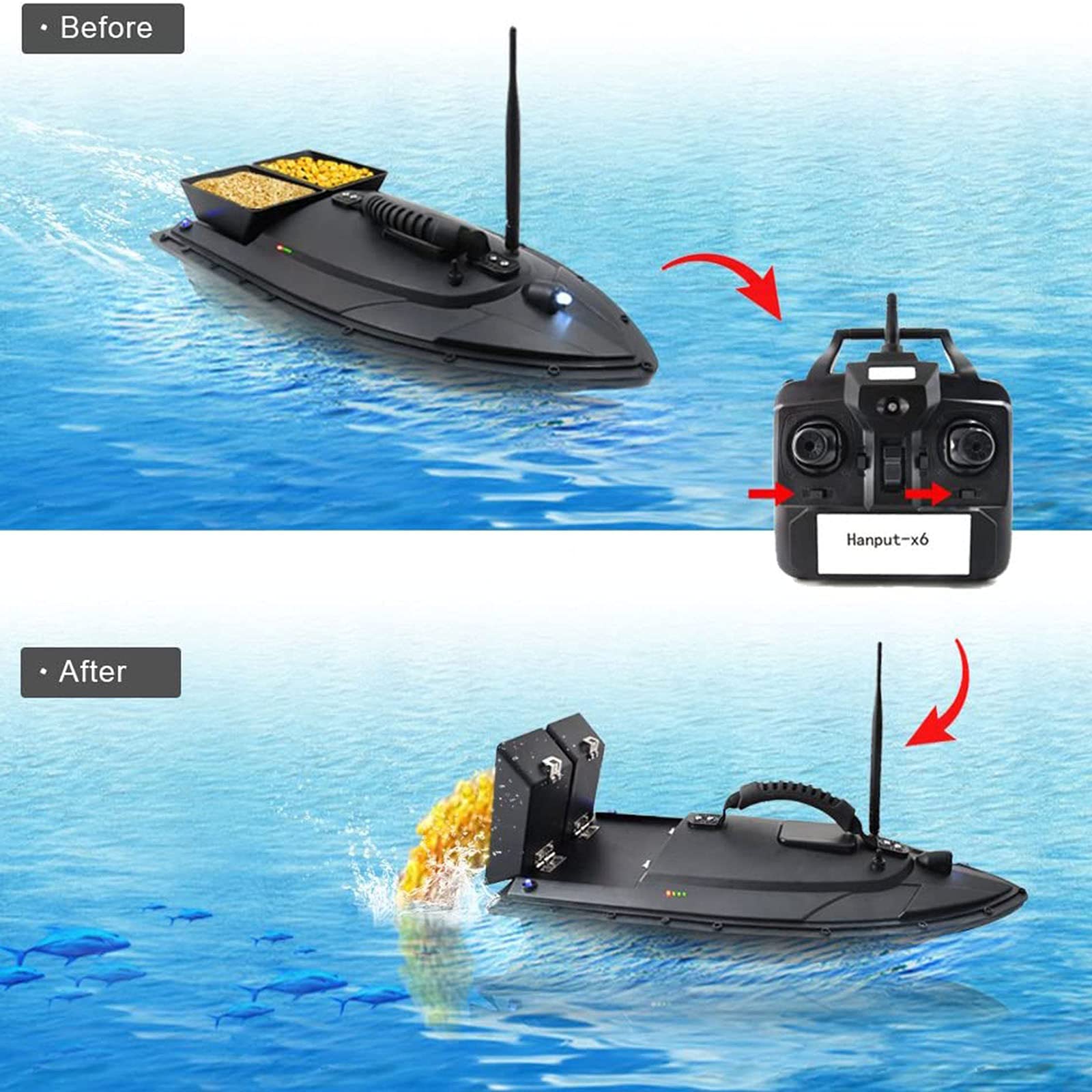 1.3Kg Carga Asistida Pesca Herramienta, Barco Cebador con Control Remoto, Barco Cebo Pesca Distancia Control Remoto 500m, Gran Capacidad 5200Mah Batería, Impermeable y anticolisión