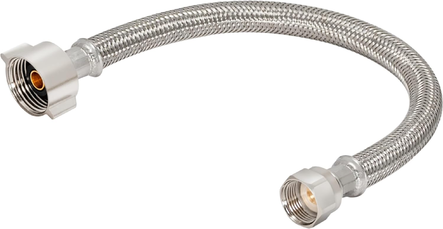 Eastman 12 Inch Flexible Toilet Connector, 7/8 Inch Ballcock Nuts x 1/2 Inch Flare Inlet Connection, Stainless Steel Braided Toilet Hose, 48125