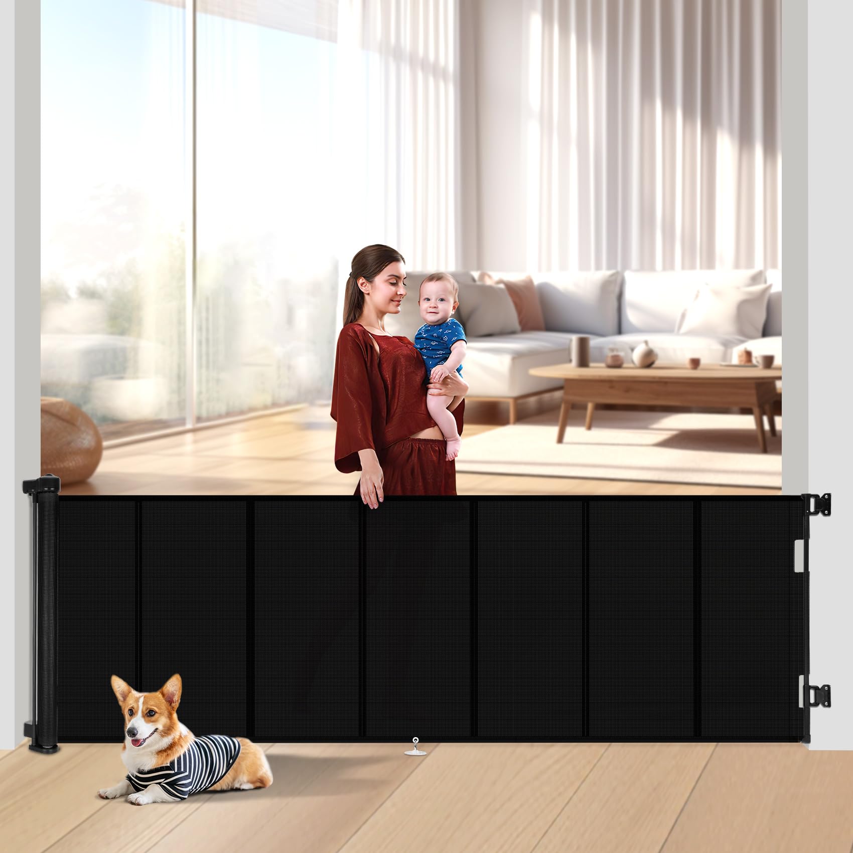 Upgrade 120 inch Retractable Baby Gates Extra Wide with Reinforced Strip Design to Prevent Crawling Through, 10 Foot Retractable Dog Gate, 34" Tall, Retractable Gate for Indoor/Outdoor
