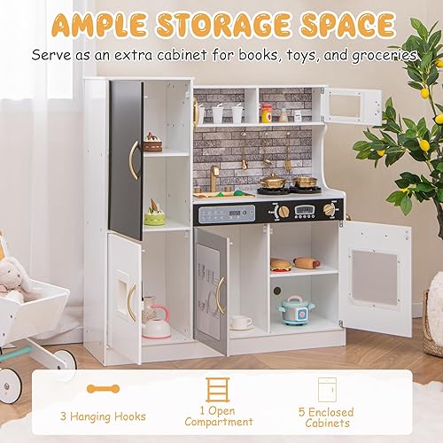 Miniatura 7 de Costzon Juego de cocina para niños, juego de cocina grande de madera con sonidos y luces reales, microondas, pizarra, horno, máquina de hielo