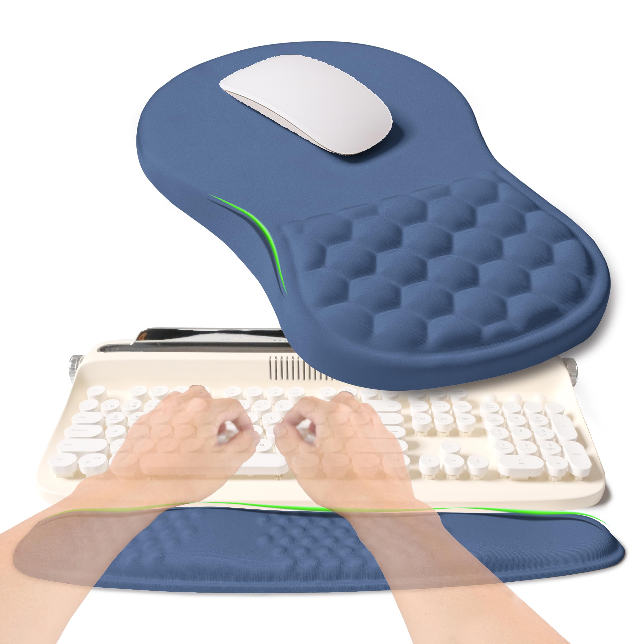 KUOSGM 2-in-1 Ergonomic Set, Wave Rise Keyboard Wrist Rest and Massage Bulge Slope Mouse Pad Wrist Support, Cushion Memory Foam Integrated to Relieve