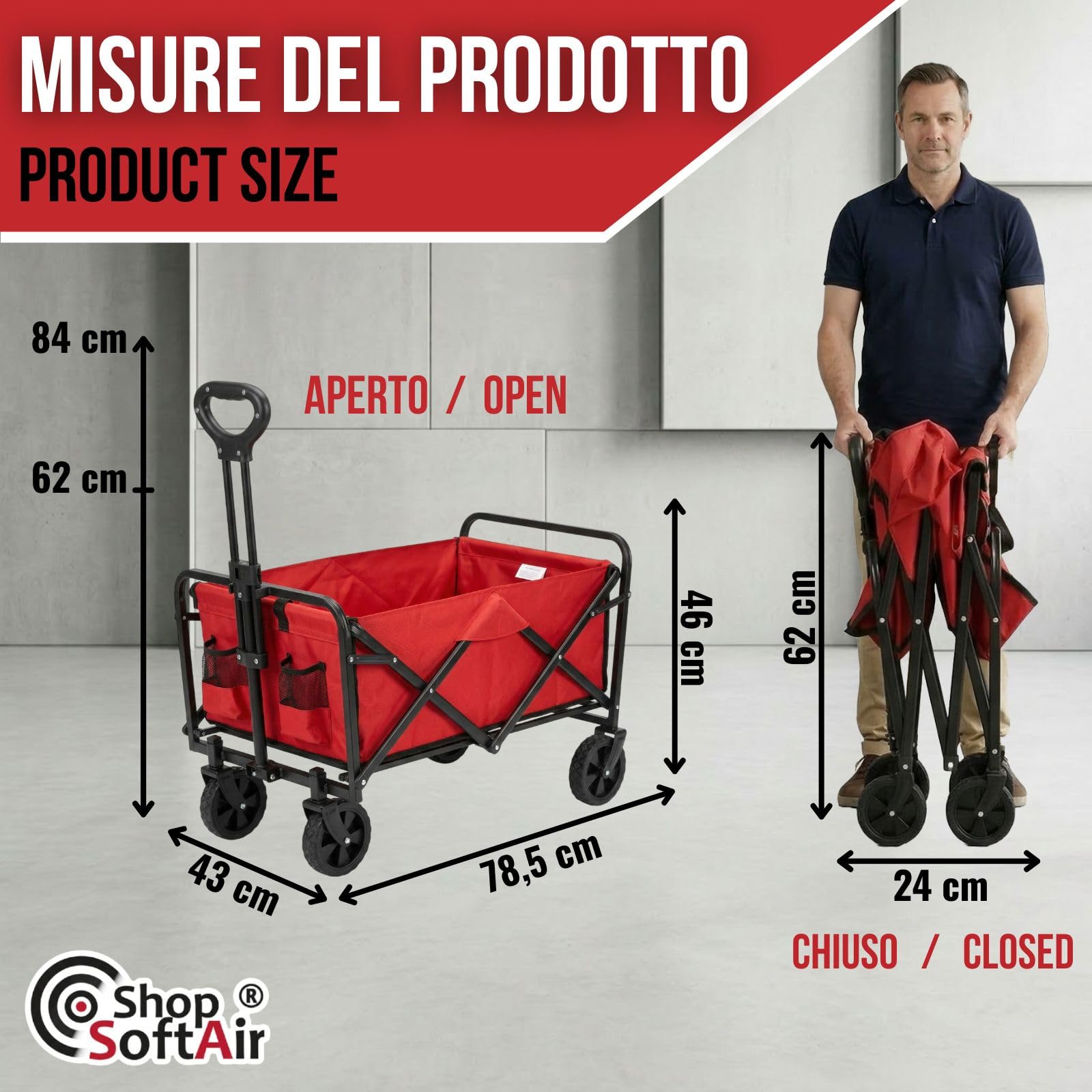 Carrello Pieghevole con Manico Retrattile, Tessuto Oxford, 43x78,5 cm, Portata 75 kg, Blu e Rosso, Perfetto per Campeggio, Giardinaggio e Gite in famiglia (Rosso)