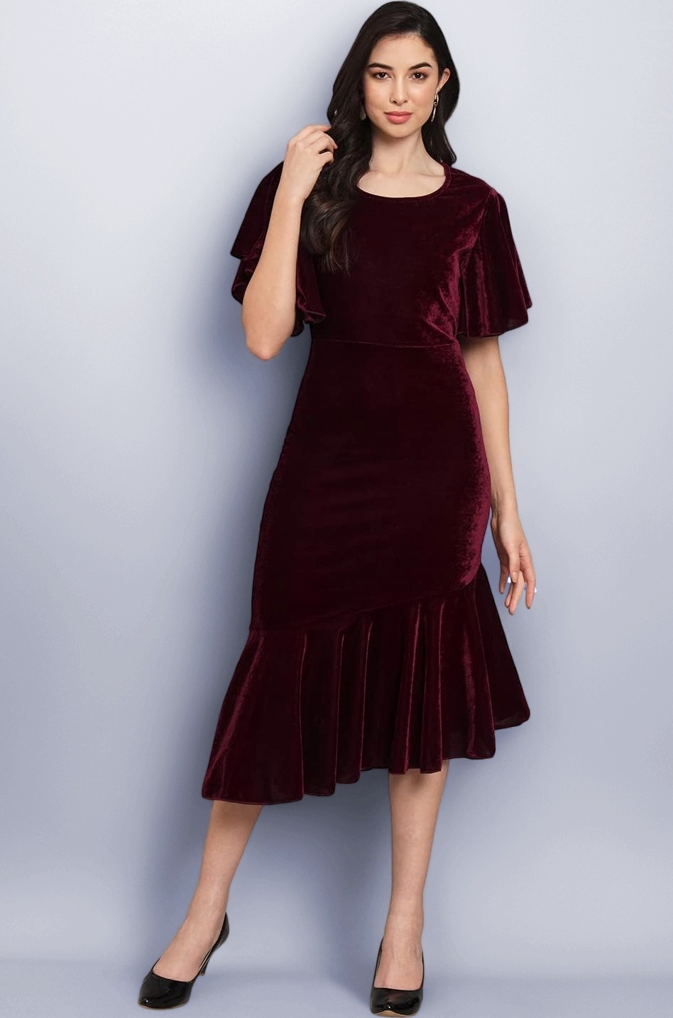 Vaararo Bodycon Party Dress for Women Ruffles Sleeves | Shiny Velvet Fabric Fish Cut Ruffle Bottom Detailing Stylish Casual Outfit