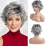 Short Grey Curly Layered Wig for Women Ombre Silver Grey Short Fluffy Synthetic Hair Wigs With Bangs