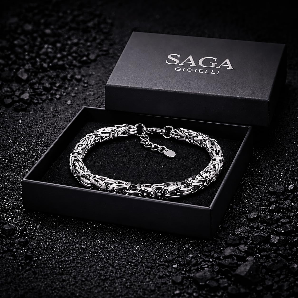 SAGA GIOIELLI Bracciale Uomo in Acciaio Inossidabile Lucido 7 mm, Catena Bizantina Elegante, Lunghezza Regolabile 19,5 + 5 cm, Bracciale Anallergico Resistente all’Acqua, Idea Regalo Uomo