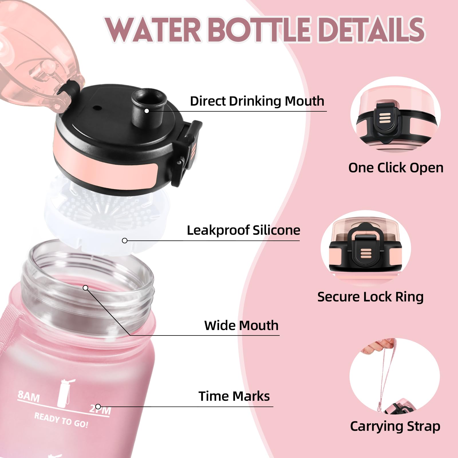 Motswedi Borraccia 1 litro,Riutilizzabile, Borraccia Motivazionale, a Prova di Perdite, Bottiglia Acqua, Senza BPA, Borracce, per Sport, Ufficio, Ciclismo, Palestra, Rosa&Blu cielo