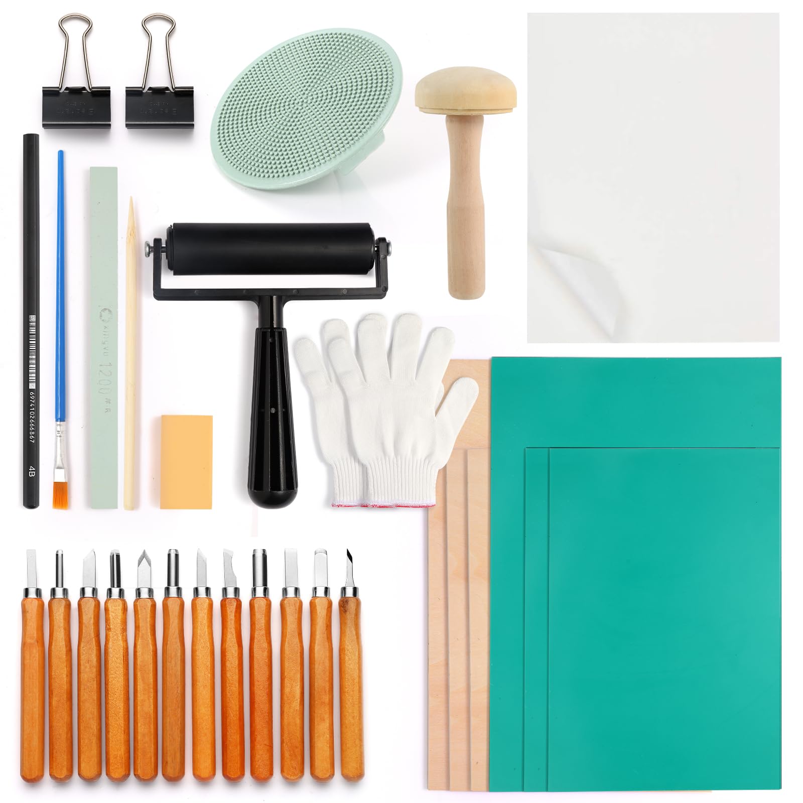 Lot de 31 outils de sculpture de linoléum - Kit de démarrage avec plaques en linoléum, papiers calques, bloc de mélange pour tampons, sculpture, graphisme imprimé, poster d'art