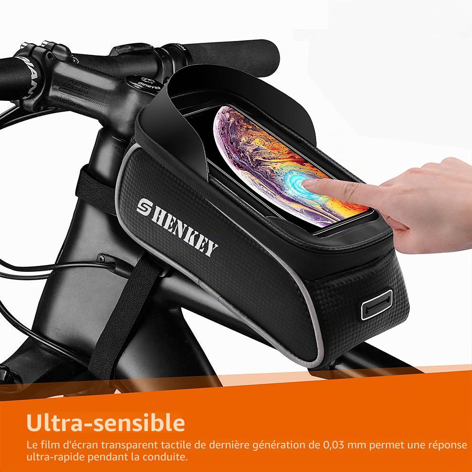 Sacoche de Cadre vélo, Support Telephone Vélo Etanche Sacoche VTT Cadre Pochette Velo Guidon Écran Tactile pour Smartphone sous 6,5 Pouces