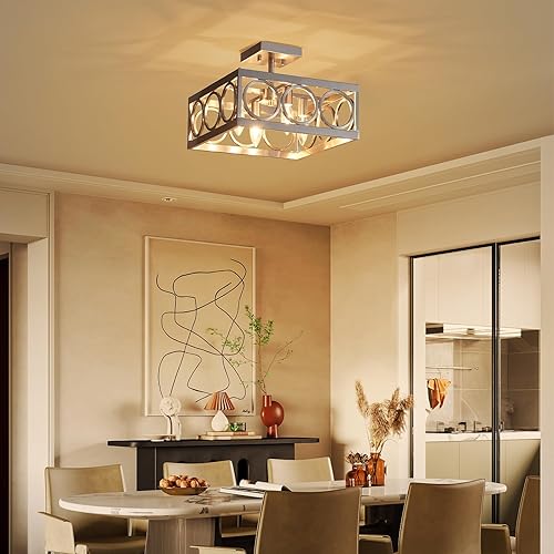 Miniatura 7 de XINGQI Lámpara de araña rústica 177 pulgadas lámpara cuadrada vintage de 4 luces para sala de estar comedor cocina pasillo techo inclinado grano de