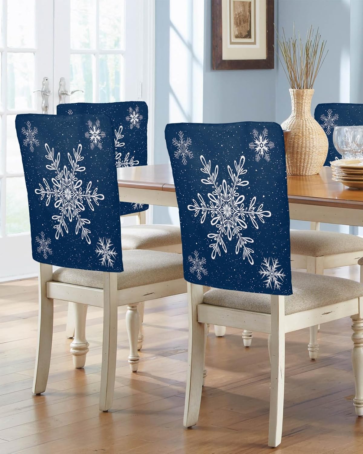 AMZRicher Navy Blue Snowflake Christmas Chair Back Covers for Dining Chairs 4 Pack