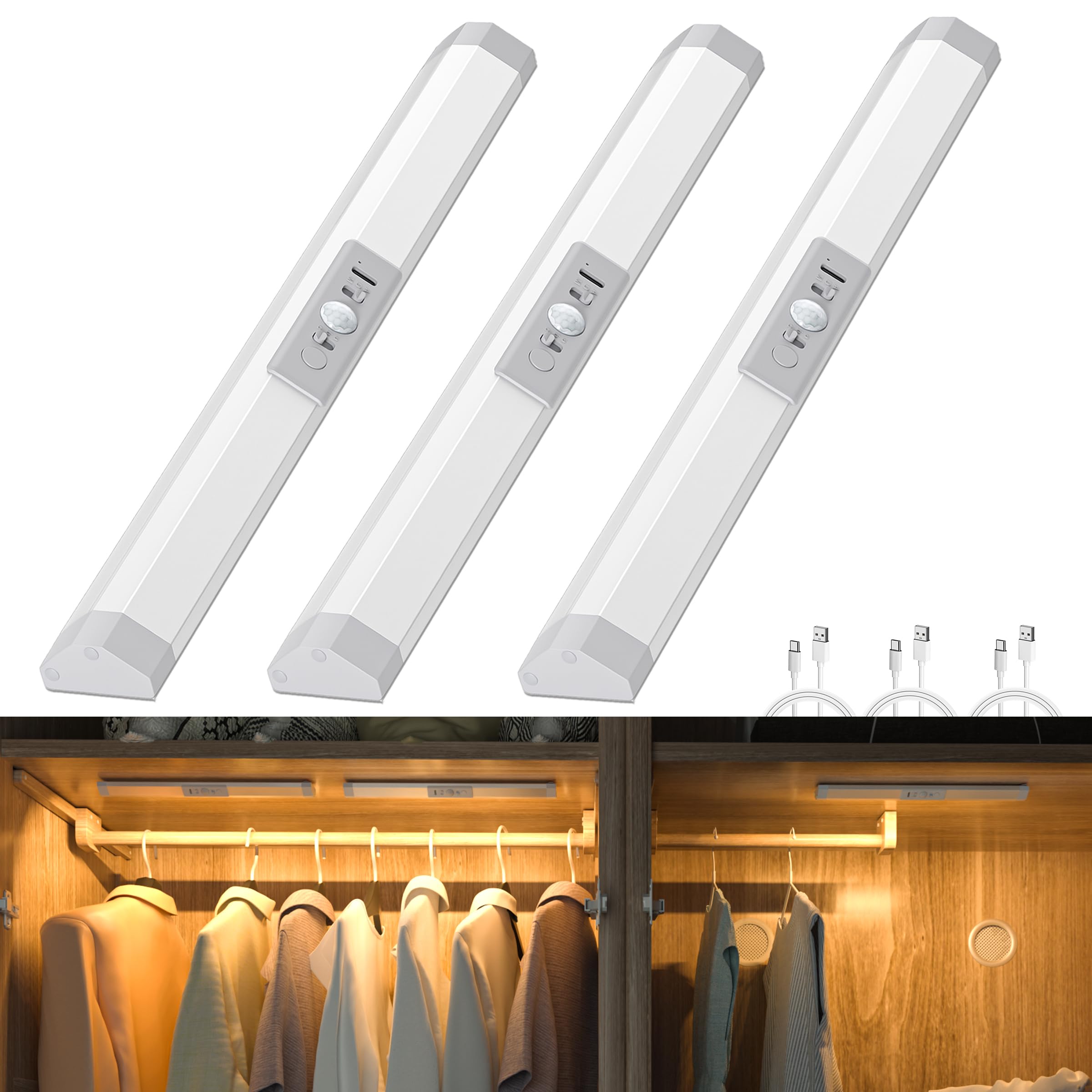 WOBANE Wardrobe Lights with Motion Sensor, 3 Color Dimmable, Upgraded Eye Protection Design, USB Rechargeable Night Light