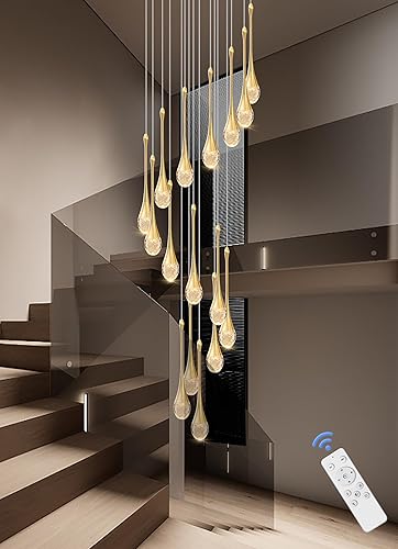 ykolupty Candelabros de Cristal Modernos LED Regulables Candelabro para Escalera Candelabro Dorado de Lágrima Luz Colgante Grande para Entrada