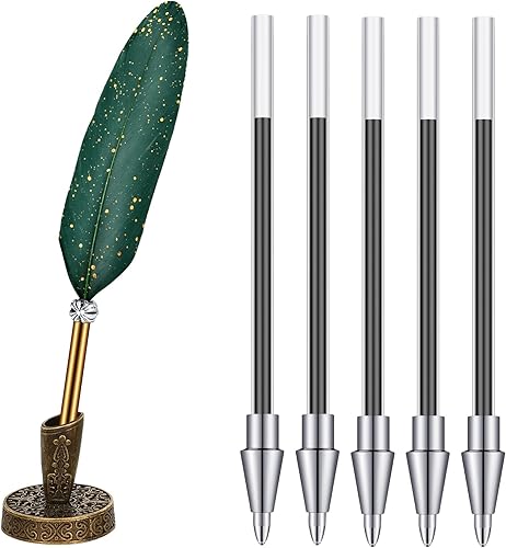 Bolígrafo de plumas y soporte de bolígrafo de metal vintage, tinta negra, pluma de plumas vintage con 5 piezas de repuesto para boda, firma para disponible en Yaxa Costa Rica
