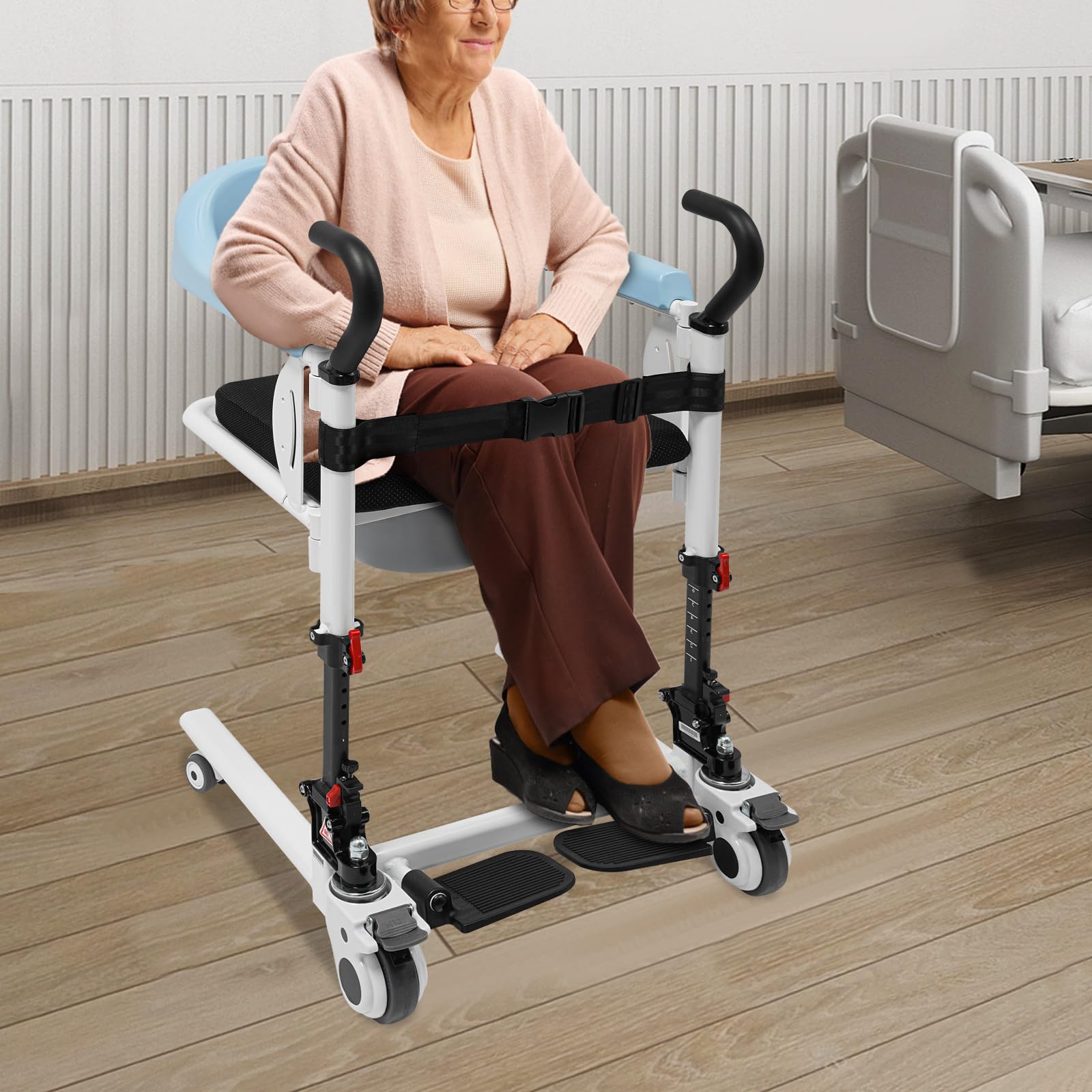 Silla de traslado, silla de transporte para pacientes, con asiento dividido de 180° y ruedas para hospitales, residencias de ancianos, centros de rehabilitación