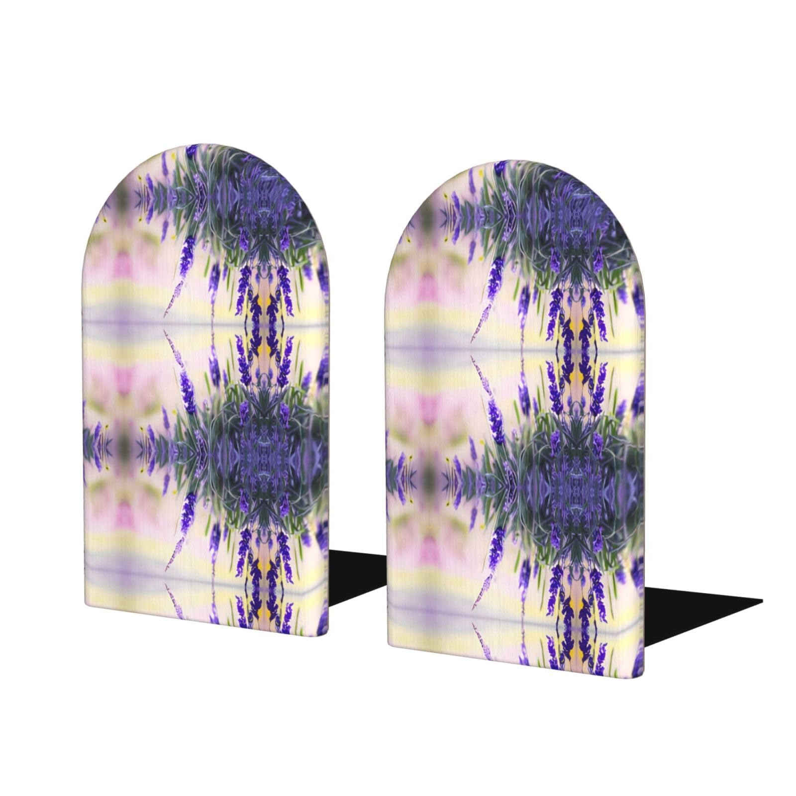 Lavender Flower Stylish Bookends with Full-Print Design Durable Wooden and Metal Bookend Set for Home, Office
