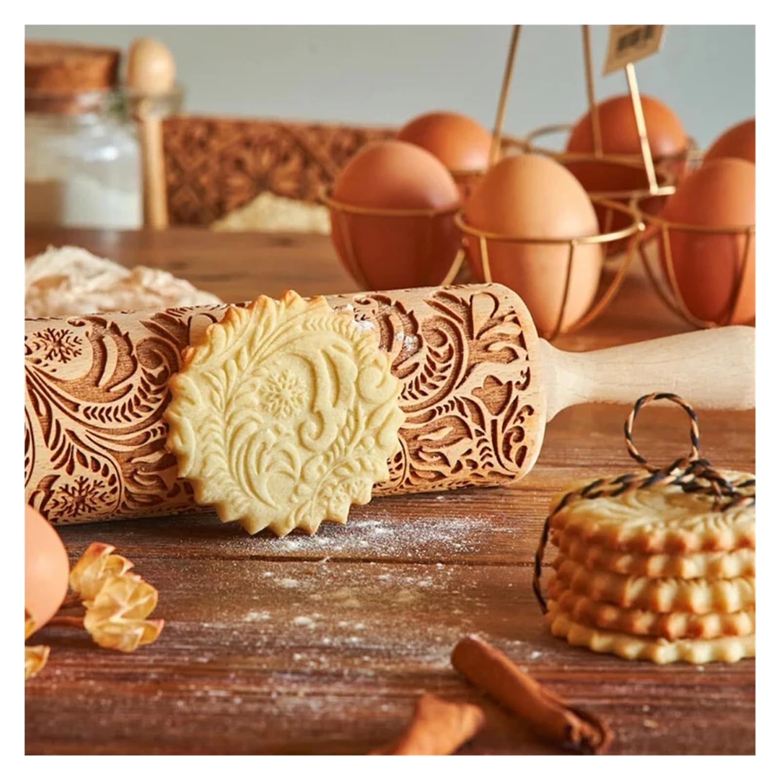 Rodillo de Madera con Grabado Profundo for Hornear Galletas, diseño Retro de Flores, 35 x 4,5 cm, Molde 3D Grabado. Rodillo para Masa Madera(Color 1)