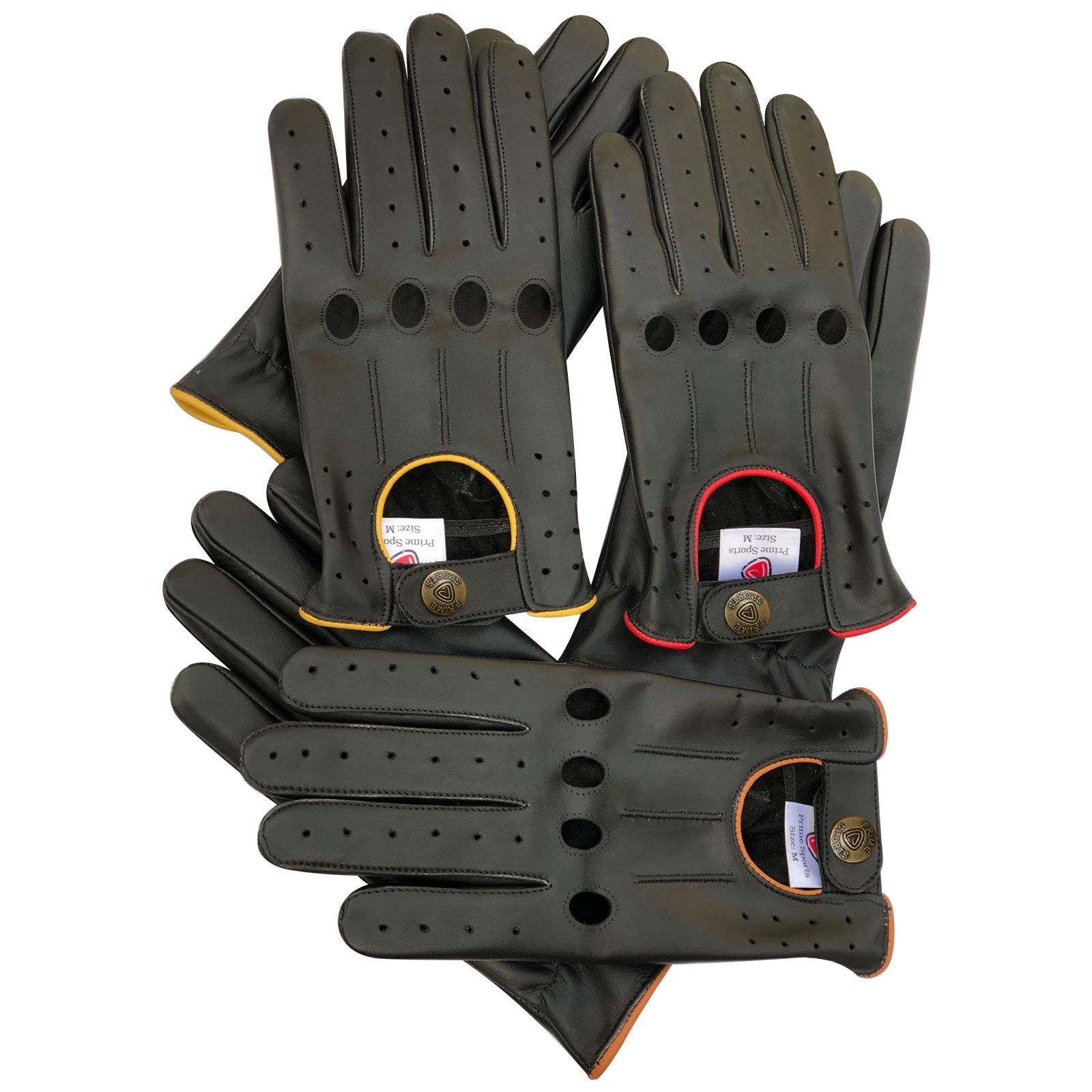 PRIME LEATHER REAL SOFT LEATHER MEN'S WITHOUT LINING DRIVING GLOVES RETRO GLOVE IN TEN BEAUTIFUL COLOURS 507 BLACK (YELLOW PIPING) MEDIUM